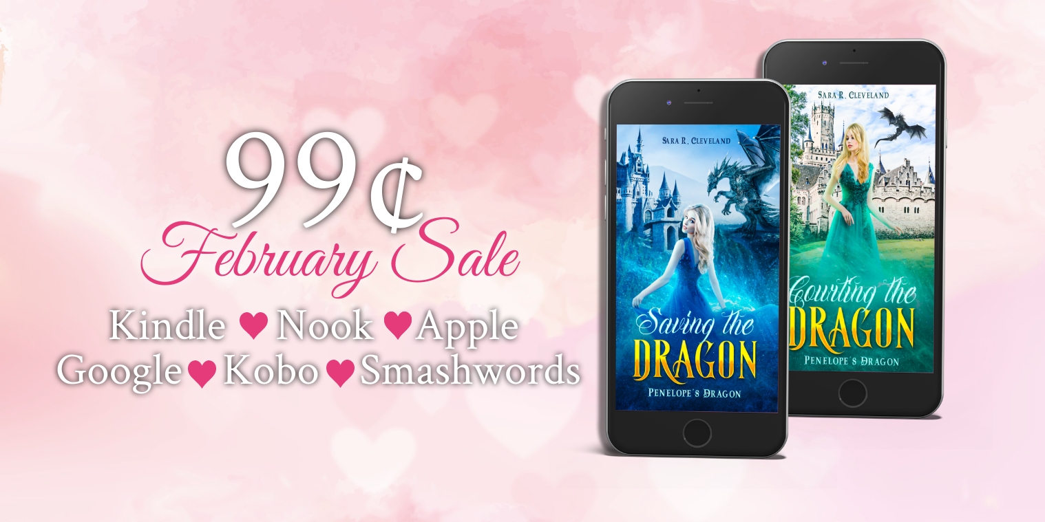 Text: 99cents February Sale. Kindle, Nook, Apple, Google, Kobo, Smashwords. Image: A pink background with Saving the Dragon and Courting the Dragon depicted on iphones. Pink hearts separate the ebook platform names.